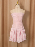 Chic Birthday Party Pink Pleates Ruffled Mini Dress for Women Strapless Design Shiny Fabric with Smock for Stylish Outings