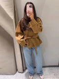 Women Suede Jacket Stand Collar Asymmetric Button Belted Waist Peplum Hem Long Sleeve Loose Retro Casual Outerwear Fashion Coat