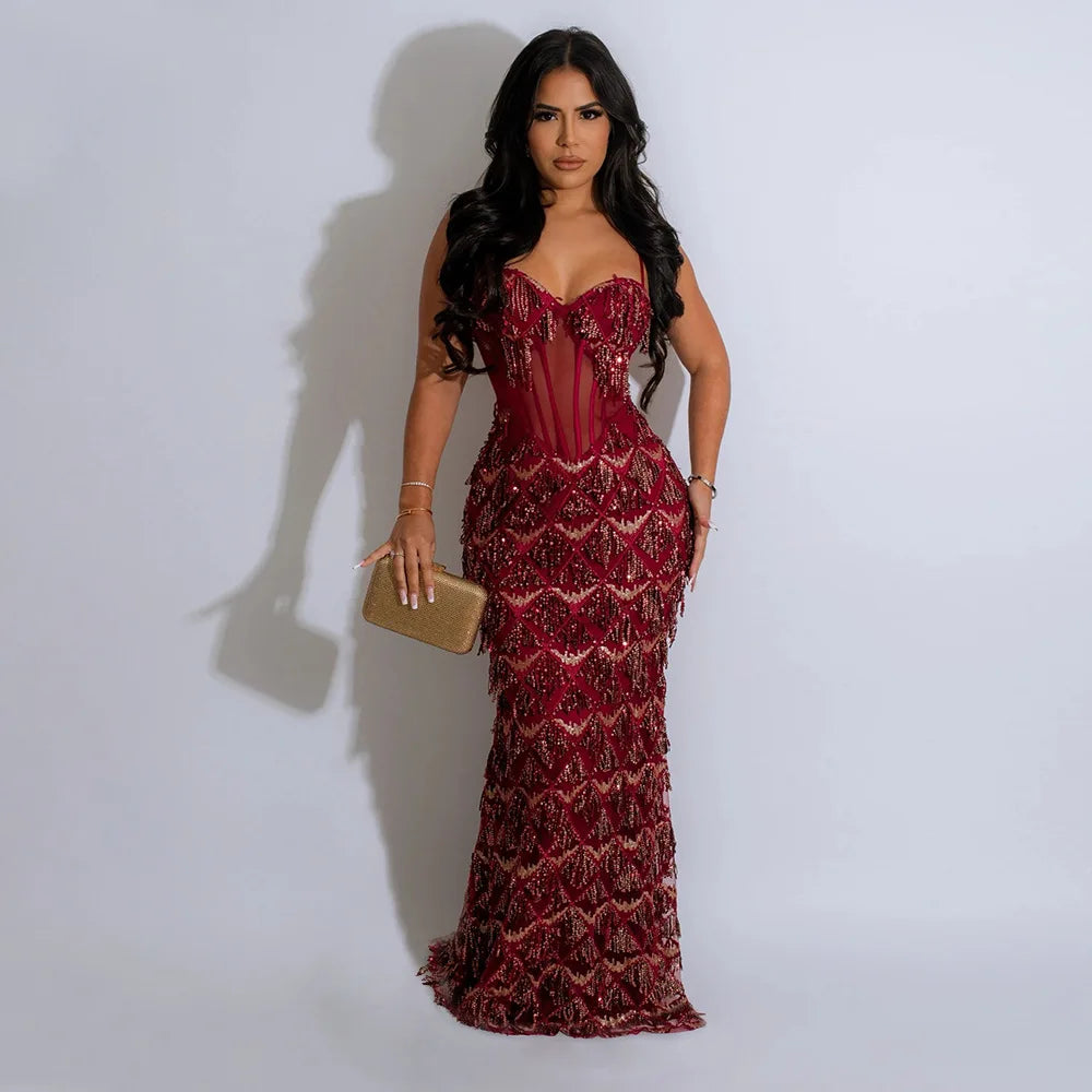 Women Sequins Long Dresses Spaghetti Strap Sexy Celebrity Party Maxi Evening Dress Birthday Luxury Vestidos