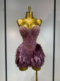 Sparkly Rhinestone Sequins Sexy Strapless Mesh See Through Mini Dress Women Eveing Party Birthday Nightclub Singer Stage Costume