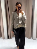 Spliced Lace Hem Jacket Elegant Long Sleeve V-neck Waisted Contrast Lace Bottom Design Casual Coat Autumn Fashion Retro Jackets