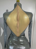 Women Sparkly Rhinestone Birthday Evening Party Nightclub Team Stage Show Costume Sexy Mesh See Through Long Sleeves Mini Dress
