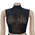 Sexy Mesh Rhinestone Bodycon 2 Pieces Set for Woman Outfits Solid Round Neck Sleeveless Crop Top + Skirt Female Clubwear