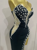 Sexy Strapless Shinning Rhinestones Bodycon Bandage Long Dress Women Fashion Celebrate Evening Party Vestido