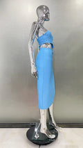 Flower Beads Glam Hollow Waist Slanted Shoulder Blue Dress Fashion Elegant Party Bandage Stage Performance Dress Vestido De Gala