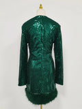 Solid Spliced Sequines Slimming Dresses for Women O Neck Long Sleeve Temperament Dress Female Fashion New