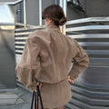 Collar Zip Cropped Women 2pcs Suede Matching Set Oversized Long Sleeve Jacket Belt Detail Mini Skirt Two Piece Sets Daily Jacket