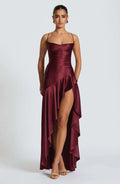 Sexy Satin Long Dress Luxury Ruffles Backless Bandage Evening Dresses Red Burgundy Blue Wedding Guest Cocktail Party Summer New