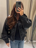 Fashion Women's Drawstring Short Leather Jacket Stand Collar Long Sleeve Ruffle Zipper Female Coat 2026 Autumn Lady Chic Jackets
