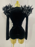 New Shiny Black Rhinestone Velvet Long Sleeve Bodysuit Women Evening Party Club Gala Hosts NightClub Bar Stage Costumes