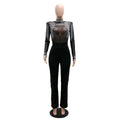 Women's Sheer Diamonds Tassel Jumpsuit See-through High Collar Hot Diamond Shoulder Padded Long Sleeved Party Jumpsuit
