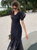 Floral Puff Sleeves Maxi Dresses Women's Slim Waist-cinching Hip-wrap V-neck Dress 2026 New Ladies Summer Vacation Outwear