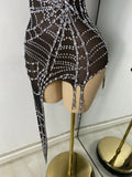 Sparkly Rhinestone Shining Women Sexy Bodycon See Through Irregular Hem Mini Dress Birthday Party Performance Costume