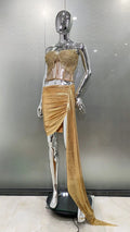 Gold Sheer Tube Top + Vertical Skirt Set Women's Fashion Hot Party Performance Evening Dress Vestido De Noche Vestidos De Fiesta
