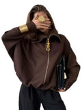Women Stand Collar Zip Up Jacket Loose Long Sleeve Casual Warm Wool Blend Outerwear Fashion Coat Autumn