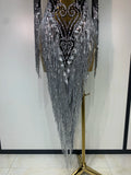Sparkly Rhinestones Sequins Fringes Birthday Celebrate Evening Dress Women Sexy Mesh Transparent Dance Costume Photo Shoot Wear