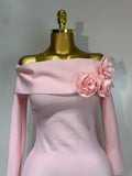 Women Sexy Off Shoulder Pink Flower Mini Bodycon Bandage Dresses Celebrity Elegant Evening Party Nightclub Wedding Clothing