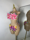 Women Sexy Tropical Handmade Flower Trendy Bikini Two Pieces Transparent Floral Swimsuit Beach Outfit Dancer Performance Costume
