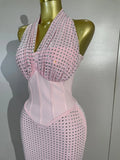 Elegant Evening Party Prom Gown Birthday Dress Women Shining Rhinestones Sexy White/Pink Mesh Halter Bodycon Long Bandage Dress