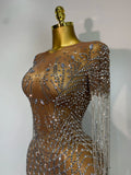 Luxury Sparkly Rhinestones Tassel Transparent Mesh Stretch Long Dress Women Evening Celebrate Birthday Dress Sexy Stage Costumes