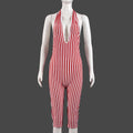 Stripe Print Playsuit Women Sleeveless Backless Halter Bandage Skinny Sexy Clubwear Activity Fitness Workout Romper
