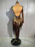 Sexy Leopard Print Stretch Dress Women Sparkly Rhinestones Tassel One Shoulder Latin Dance Outfits Nightclub Party Stage Costume