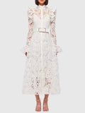 VGH Minimalist Solid Dresses For Women Stand Collar Long Sleeve High Waist Spliced Hollow Out Slim Chic Dress Female Summer 2025