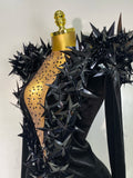 Women Sparkly Gold Rhinestone Black Velvet Long Sleeve Bodysuit Evening Party Club Gala Hosts Night Club Bar Stage Costumes