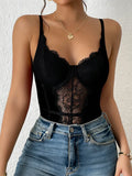 Sexy Lace Patchwork Bodysuit Women Solid V-neck Sleeveless High Waist Slim Perspective Sling Top Lady New Chic Corset Bodysuits