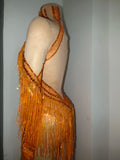 Women Latin Dance Outfits Bar Nightclub Party Club Stage Wear Sparkly Diamond Orange Tassel Long Sleeves Mesh Transparent Dress