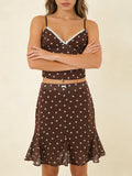 Casual Coffee Polka Dot Two Piece Set for Women Lace Trim Cami Sheer Mesh Ruffled Midi Skirt Set for Vintage Dates