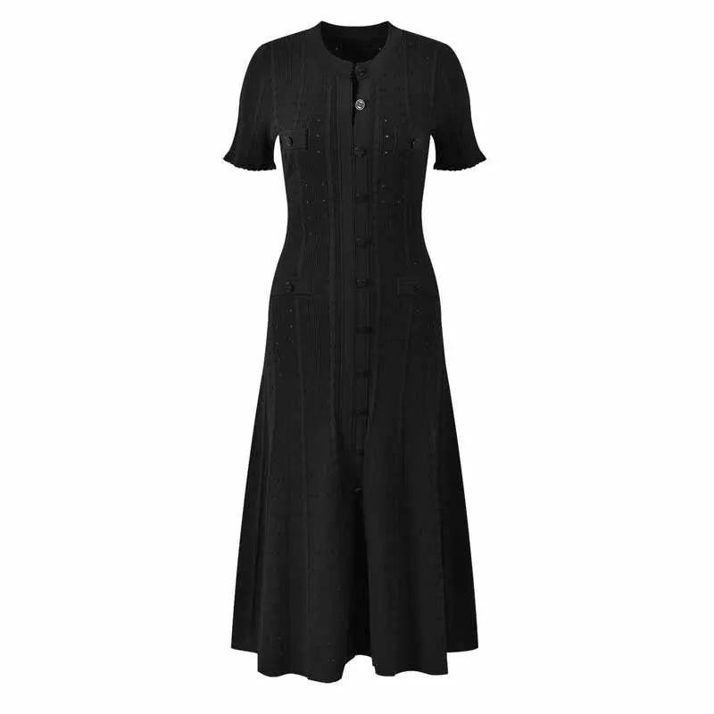 Women Single Breasted O-neck Short Sleeve Knit Ribbed Bodycon Midi Dress  Vacation Sexy Party Club Vestidos Dresses