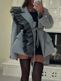 Chic Ruffles Women Jackets Lapel Collar Long Sleeve Elegant Fit Jacket for Commute Gathering Wear Fashion Autumn