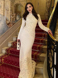 Solid Color Elegant Party Vestido Women'S Spliced Mesh Sequin Slim Long Sleeved Maxi Long Dress
