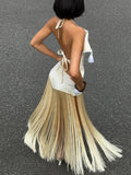 Sexy Tassel 2 Piece Set Women Irregular Halter Backless Bandages Tank Top+Patchwork Skirt New Trend Party Streetwear