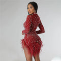 Sexy Pearls Rhinestone Party Dresses Women Elegant Nightclub Feather Birthday Dress Long Sleeve Mesh Sheer Bodycon Dress