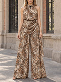 Leopard Print Two Piece Set for Women Halter Neck Sleeveless Keyhole Front Top Wide Leg Pants Draped Waist for Casual Daily