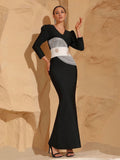 Women Celebrity Sexy Long Sleeve Patchwork Black Maxi Long Bodycon Bandage Dress 2024 Elegant Evening Club Party Outfit