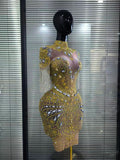 Gold Full Diamond Tassel Short sleeved Dress Wrapped Hip Short Skirt Female Model Singer Fashion Performance Dress