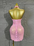 Pink Halter Neck 3D Scale Shell Sequin Mesh MiniDress Women Sheer Bodycon Short Dress For Club Night Out Cocktail Party