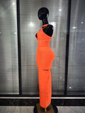 Orange Color Women Sleeveless Sexy Halter Off the Shoulder Bodycon Bandage Long Dress Celebrate Fashion Evening Party Outfit