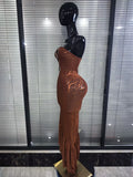 Brown Color Women Sexy Strapless Shining Diamond Keyholes Bodycon Mid-calf Bandage Dress Nightclub Party Celebrate Birthday Wear