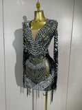 Luxury Birthday Sparkly Diamonds Sequin Tassels Long Sleeves Sheer Mini Dress Evening Party Sexy Mesh Nightclub Photo Shoot Wear