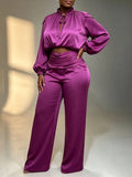 Satin Two Piece Set for Women Ruffle Mock Neck Long Lantern Sleeve Crop Top Pleated Wrap Wide Leg Pants for Vacation Daily