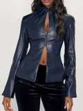 Streetwear Faux Leather Jacket for Women Lapel Collar Front Zip Hollow Cutout Flared Sleeve Slim for Autumn Outfits