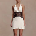 Sexy Halter Spliced Lace Hollow Dress for Women V Neck Tunic Backless Sexy Hot Girl Hit Color Mini Dresses Female