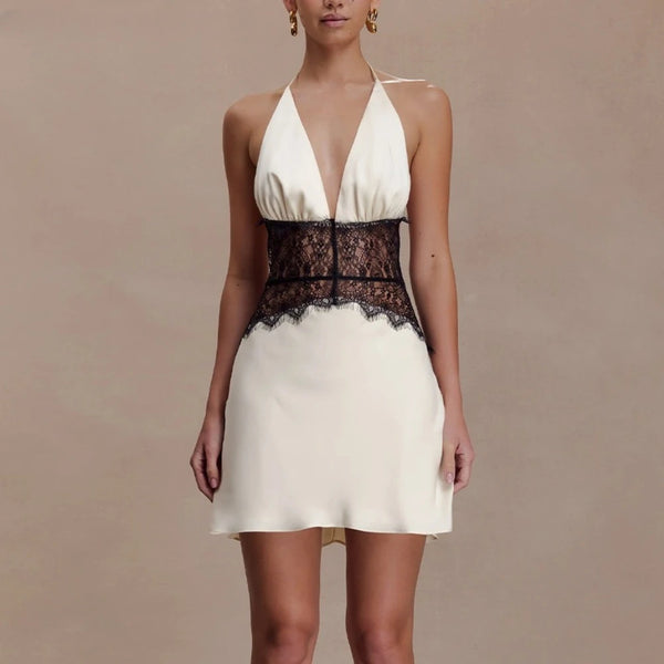 Sexy Halter Spliced Lace Hollow Dress for Women V Neck Tunic Backless Sexy Hot Girl Hit Color Mini Dresses Female