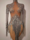 Luxury Sparkly Rhinestones Tassel Sexy See-Through Dress Women Latin Dance Outfits Bars Nightclub Party Perform Stage Costume