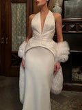 Sexy Deep Neck Backless Vest for Women Halter Sleevless Slimming Asymmetric Hem Ruched Fabric for Luxury Nighclub