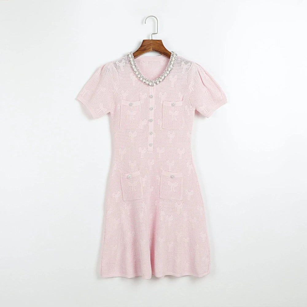 Knitted Two Piece Set for Women O Neck Spliced Beading Short Sleeve High Waist Mini Dress with Sling Solid Outfit Female New